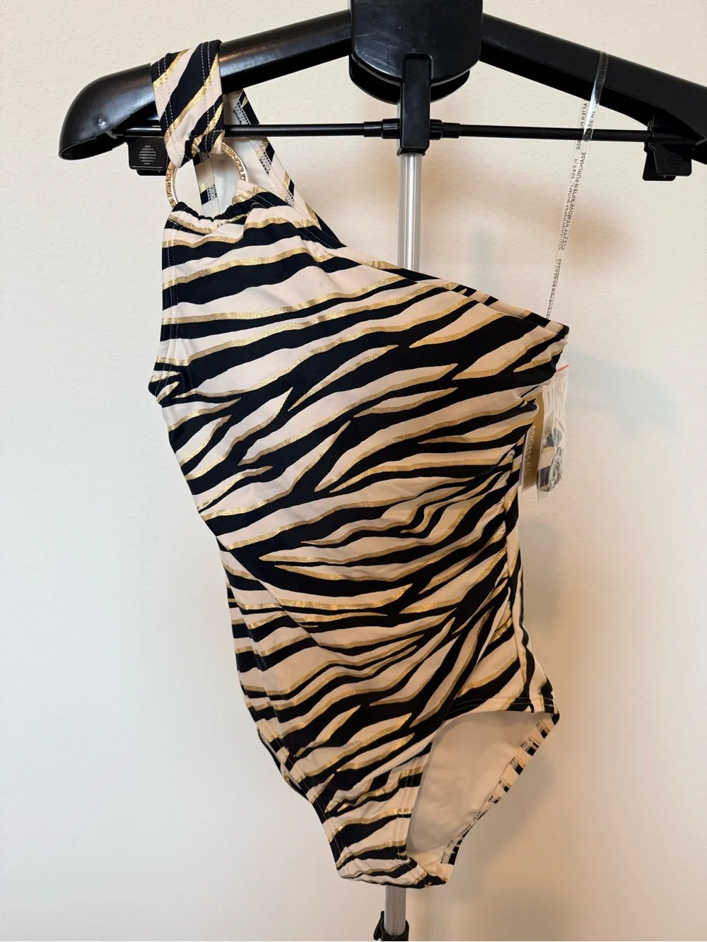 Michael Kors- One-Shoulder Zebra Print Swimsuit in Black, White & Gold